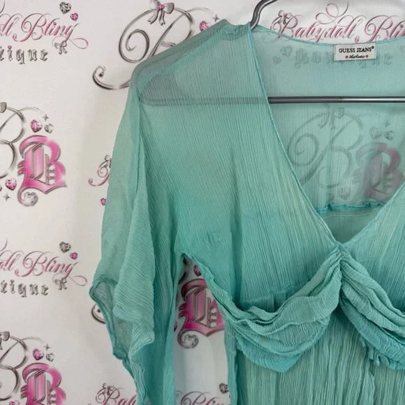 Guess top y2k fairy whimsy whimsical shirt blouse Sheer Teal Long Sleeve Top - Picture 5 of 15